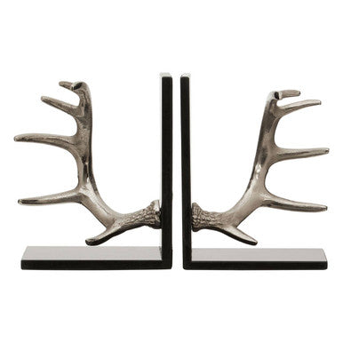 Antler Silver Metal Bookend Set of 2 with Black Marble Bases