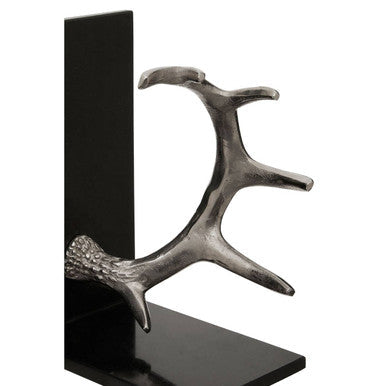 Antler Silver Metal Bookend Set of 2 with Black Marble Bases
