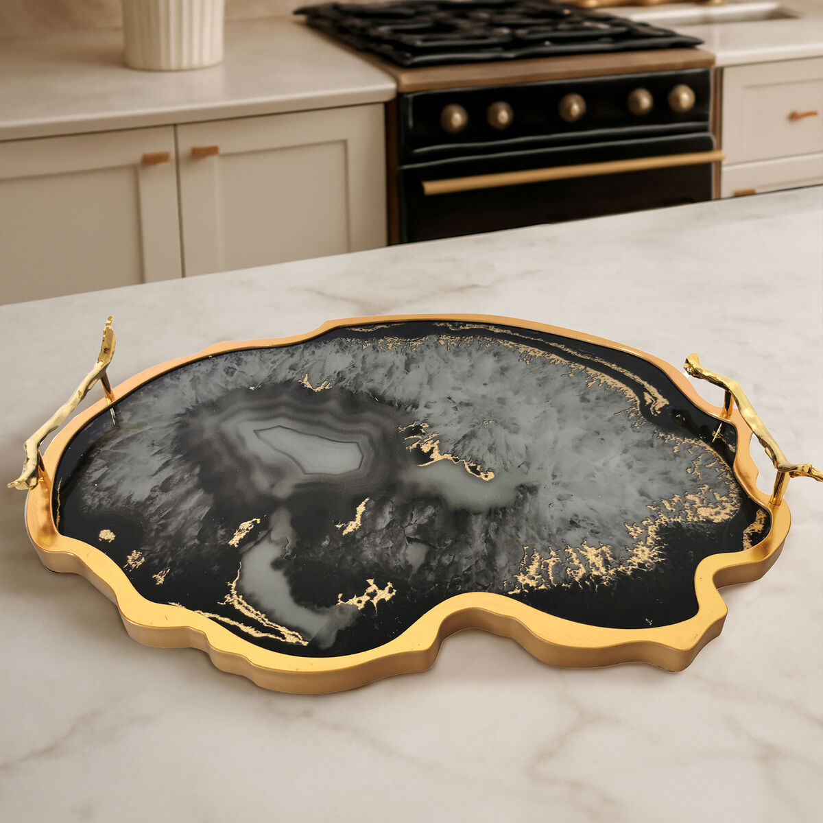 Black and Gold Agate Tray | Celina