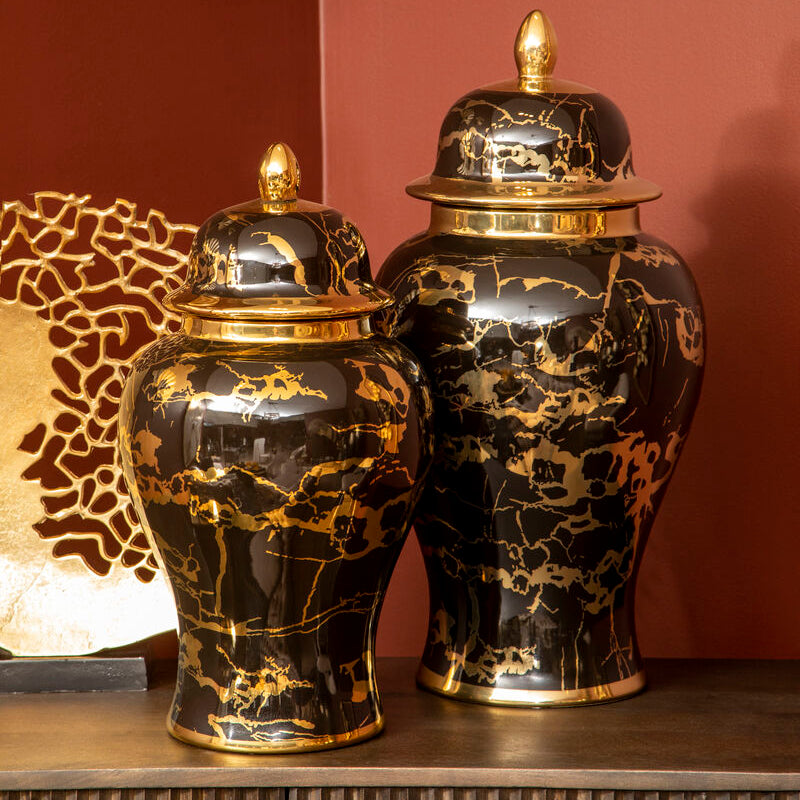 Large Marble Effect Black and Gold Ceramic Jar | Marmo
