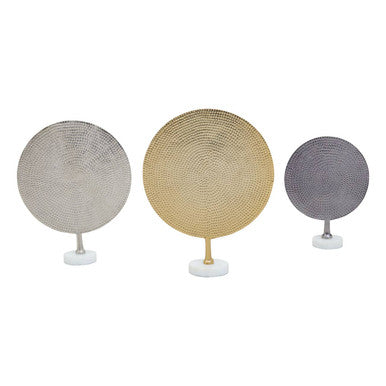 Set of 3 Hammered Metal Disc Sculptures with Marble Base | Elias