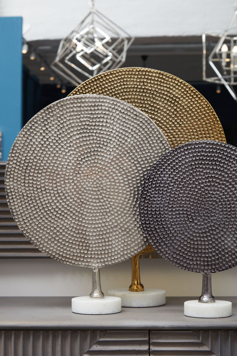 Set of 3 Hammered Metal Disc Sculptures with Marble Base | Elias