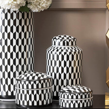 Small Black and White Geometric Print Ceramic Trinket Box | Marlo