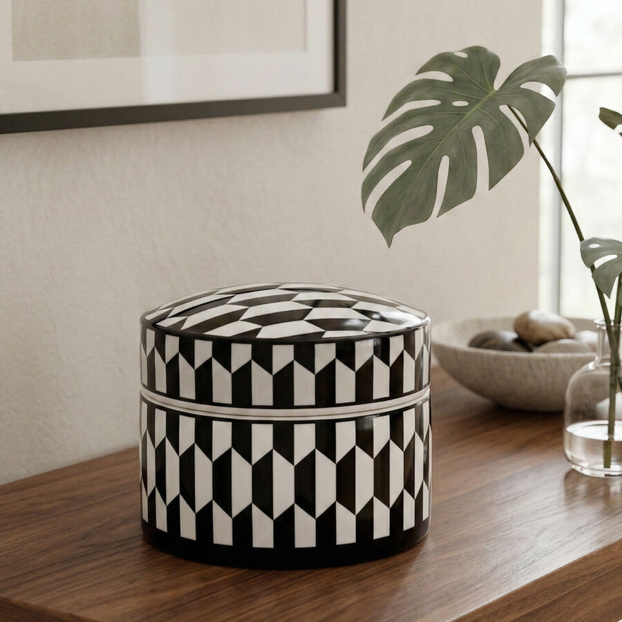 Large Black and White Geometric Print Ceramic Trinket Box | Marlo