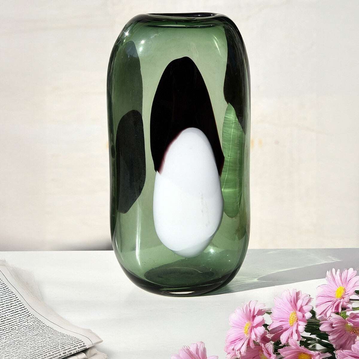 Small Green Glass Vase with Abstract Pattern | Hania