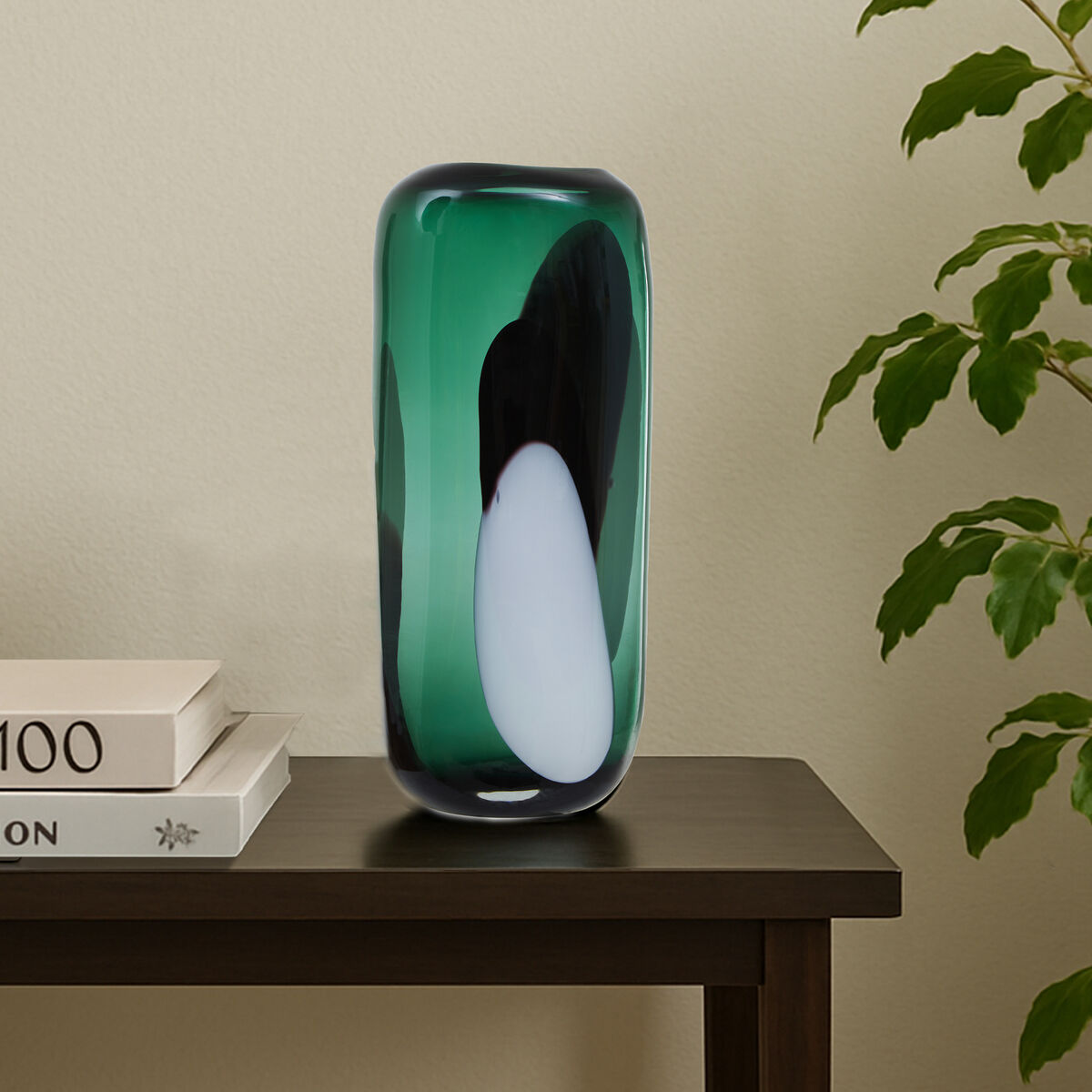 Large Green Glass Vase with Abstract Pattern | Hania