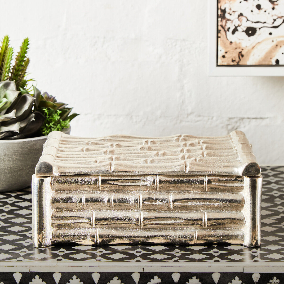 Small Silver Finish Bamboo Effect Trinket Box | Hiba