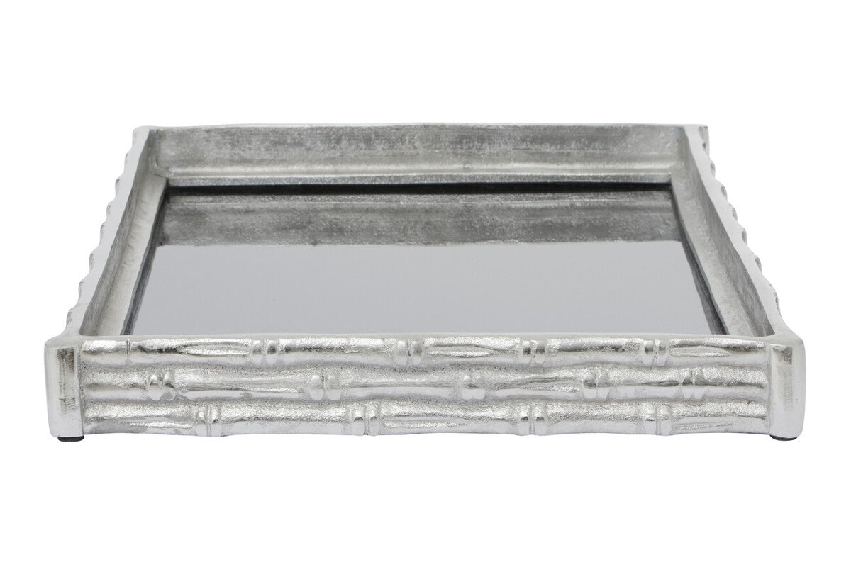 Silver Finish Bamboo Effect Mirrored Tray | Hiba