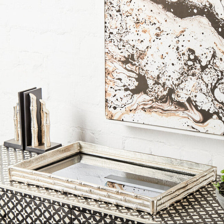 Silver Finish Bamboo Effect Mirrored Tray | Hiba