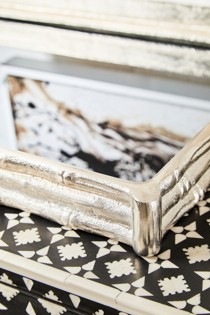 Silver Finish Bamboo Effect Mirrored Tray | Hiba