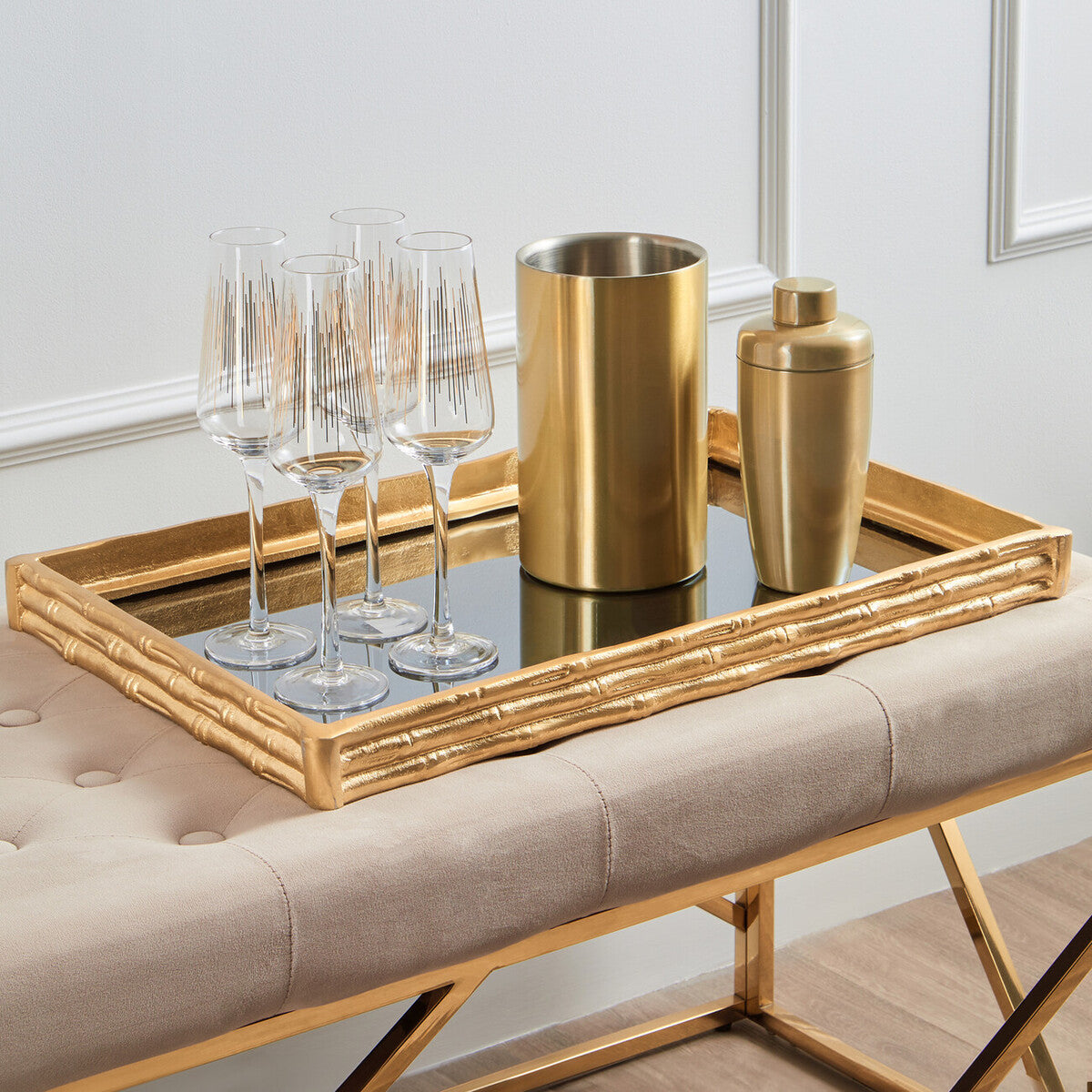 Gold Finish Bamboo Effect Mirrored Tray | Hiba