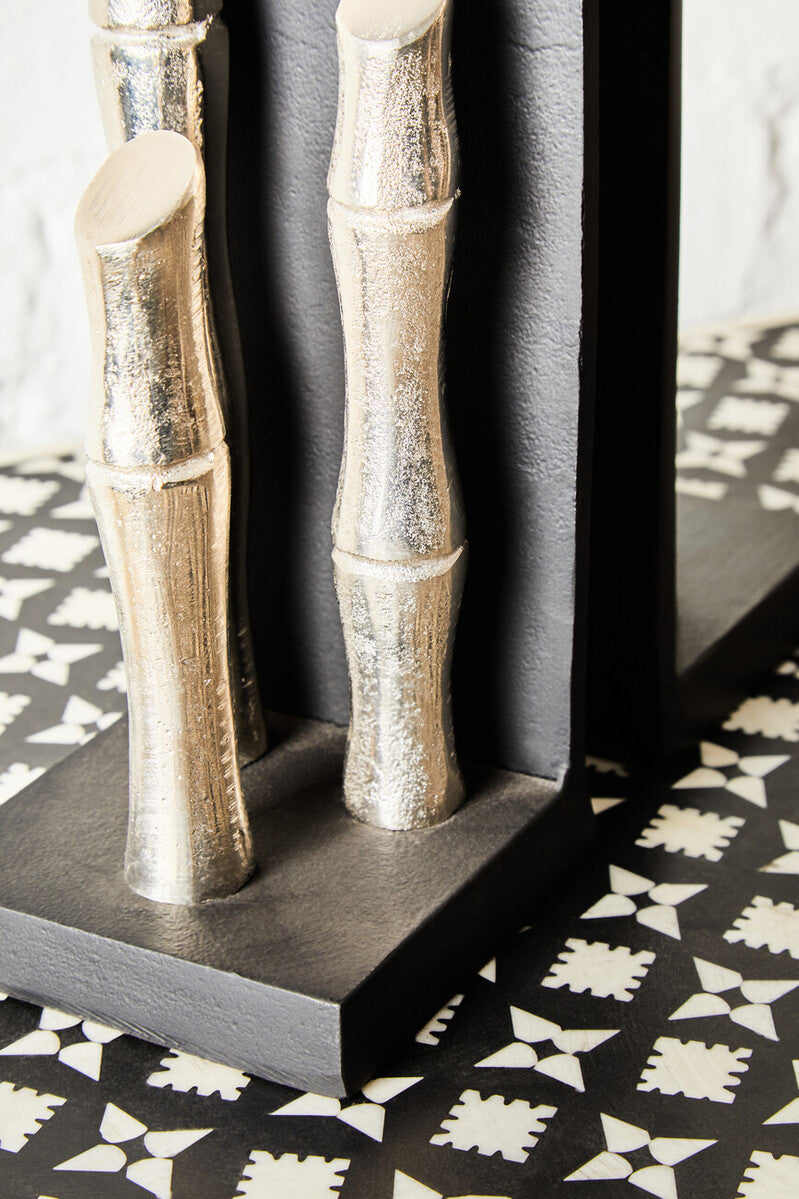 Set of Two Silver Finish Bamboo Effect Bookends | Hiba