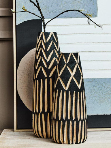 Arlo Black and Natural Small Engraved Wood Vase