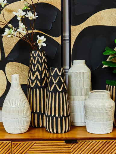 Arlo Black and Natural Tall Engraved Wood Vase
