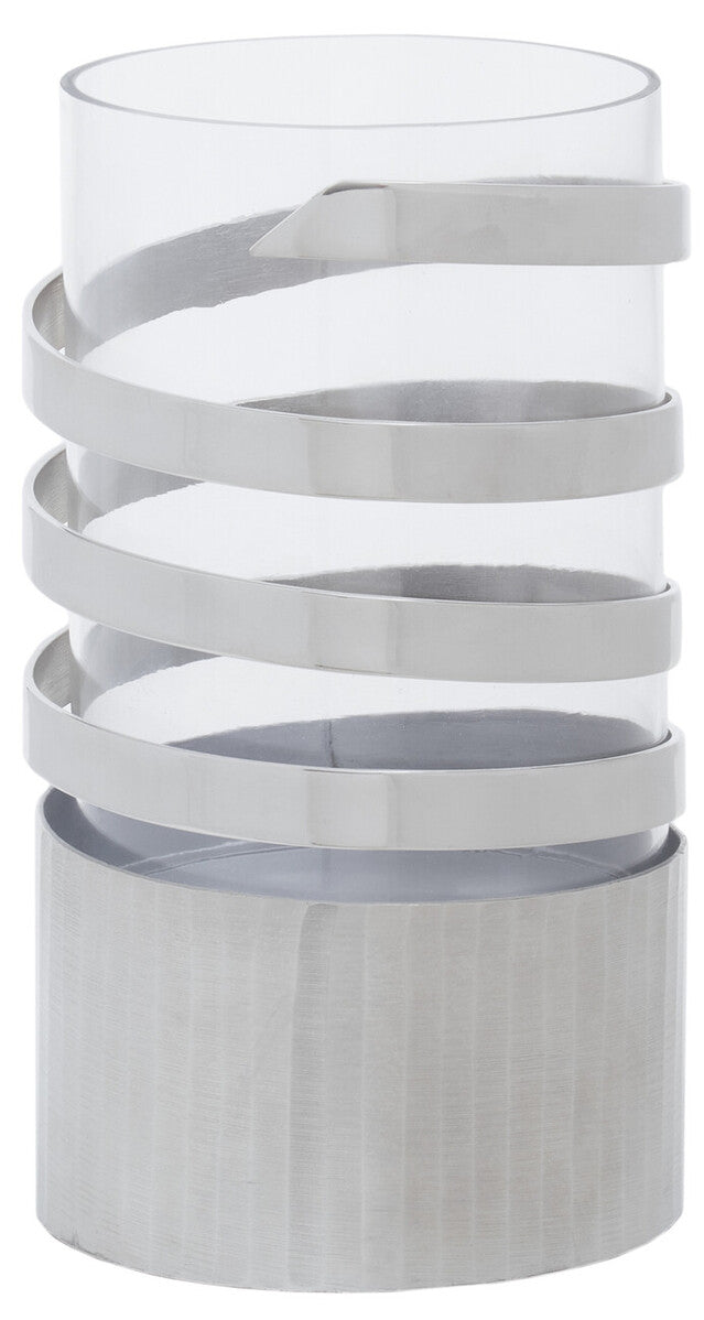 Amreli Silver Metal and Glass Large Hurricane Candle Holder with Spiral Design