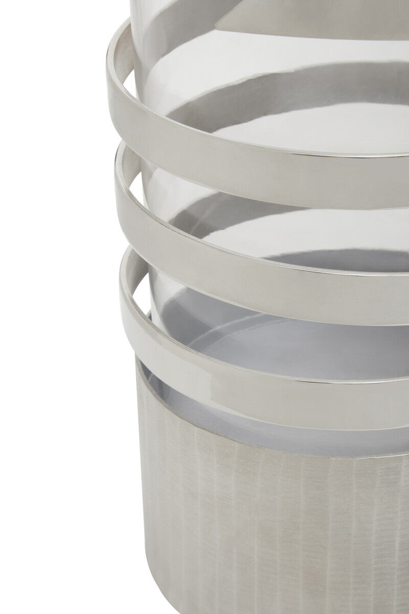 Amreli Silver Metal and Glass Large Hurricane Candle Holder with Spiral Design