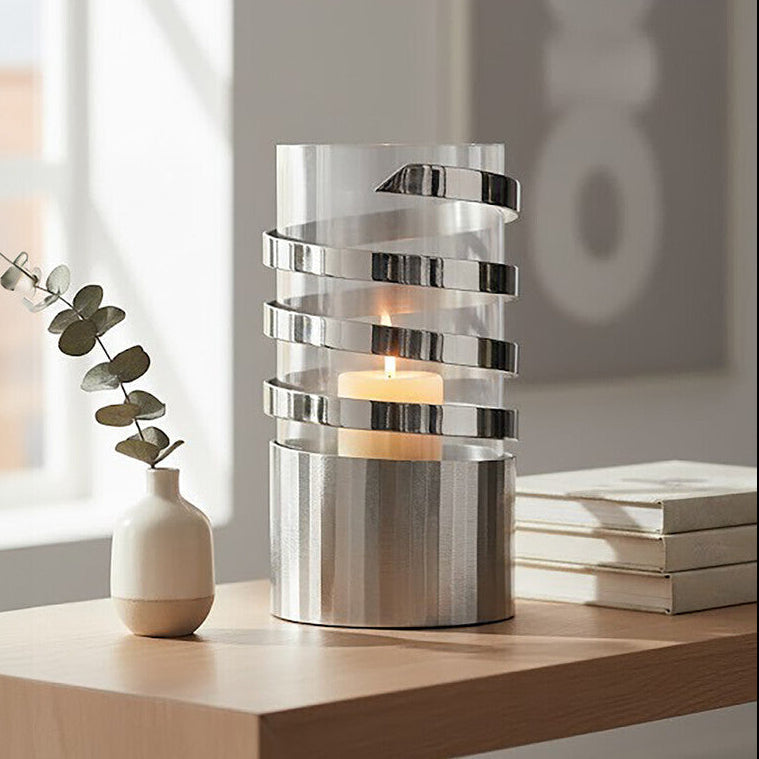 Amreli Silver Metal and Glass Large Hurricane Candle Holder with Spiral Design