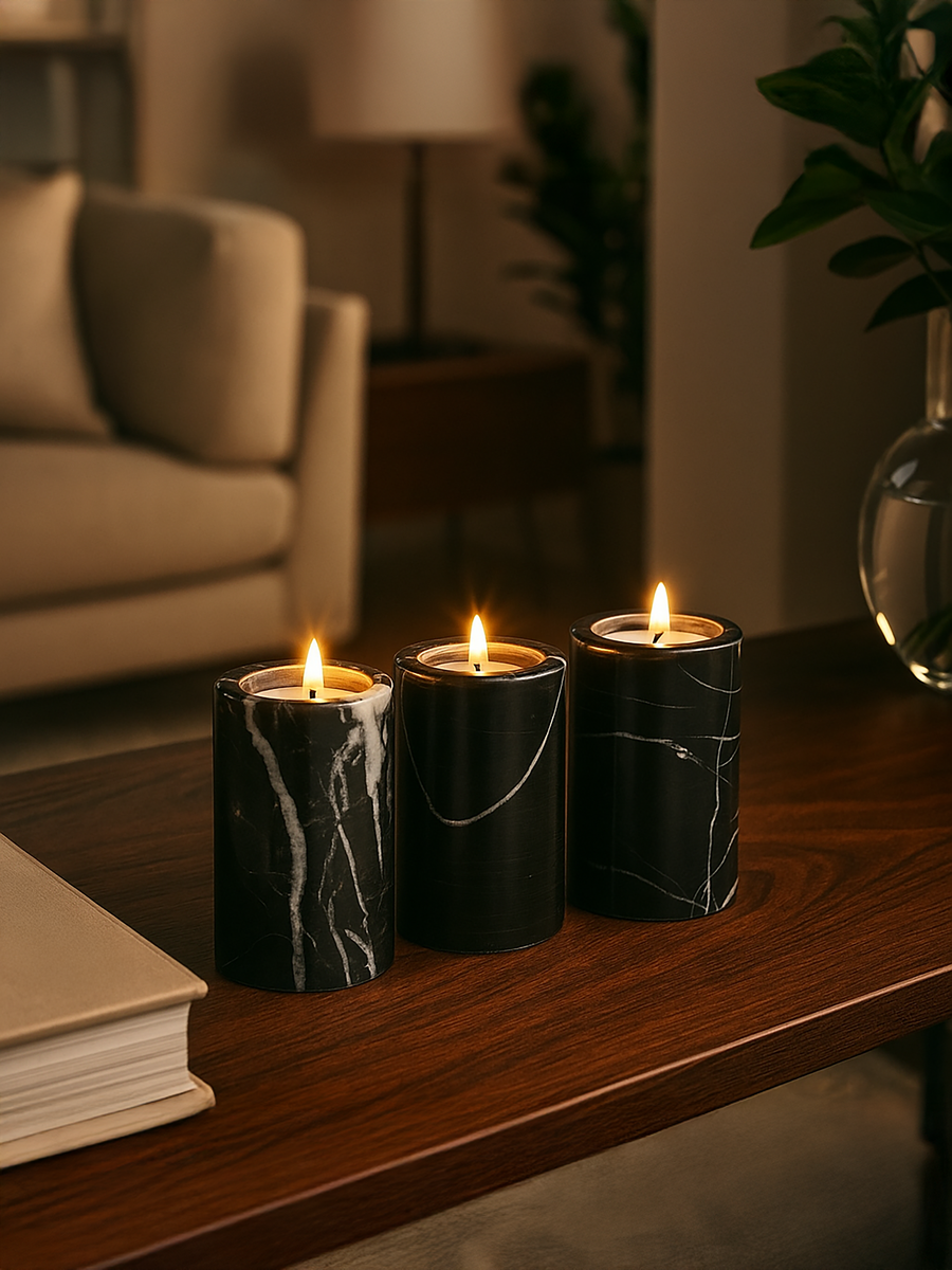 Set of Three Black Marble Tealight Holders | Salmo