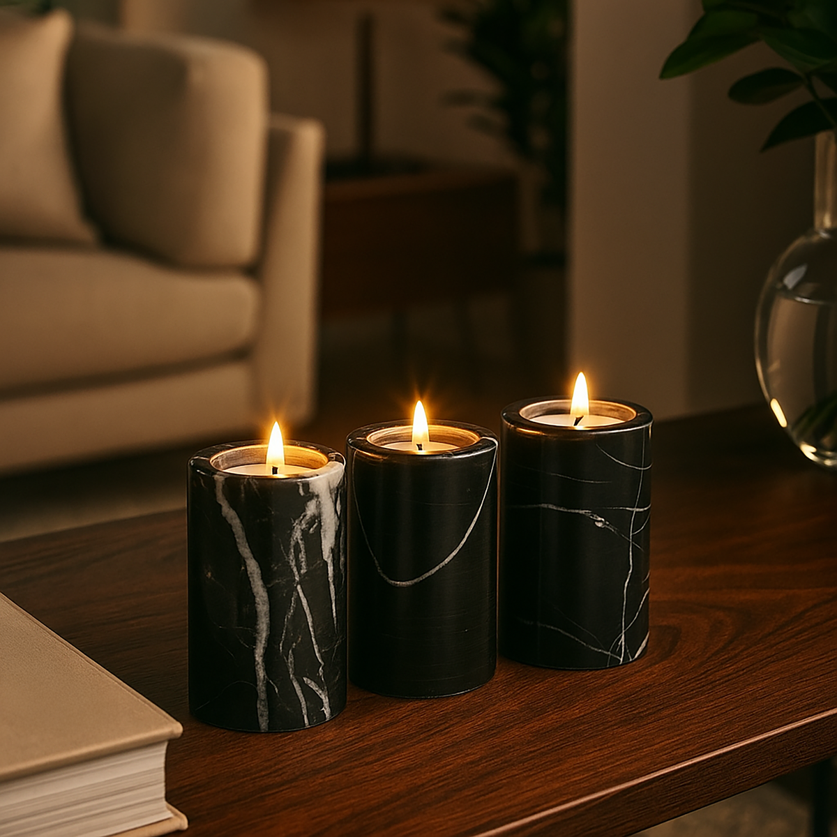 Set of Three Black Marble Tealight Holders | Salmo