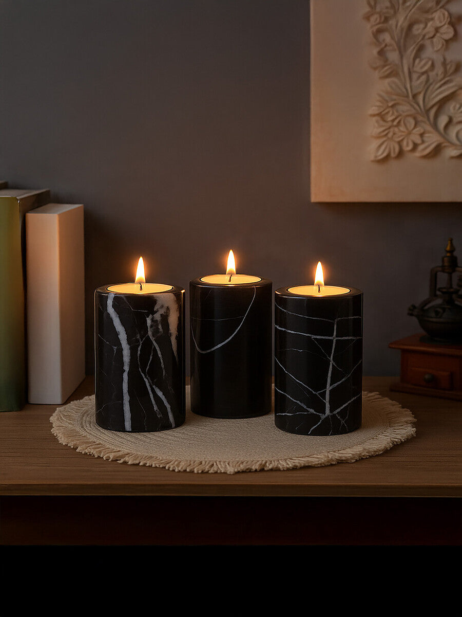 Set of Three Black Marble Tealight Holders | Salmo