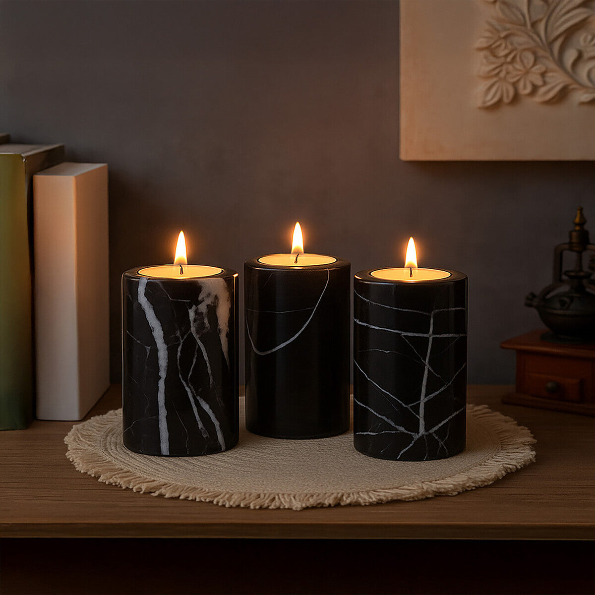 Set of Three Black Marble Tealight Holders | Salmo