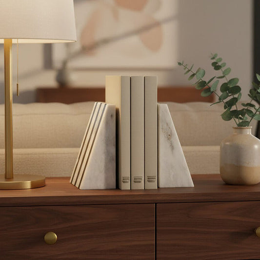 Set of Two Striped White Marble Bookends | Soma
