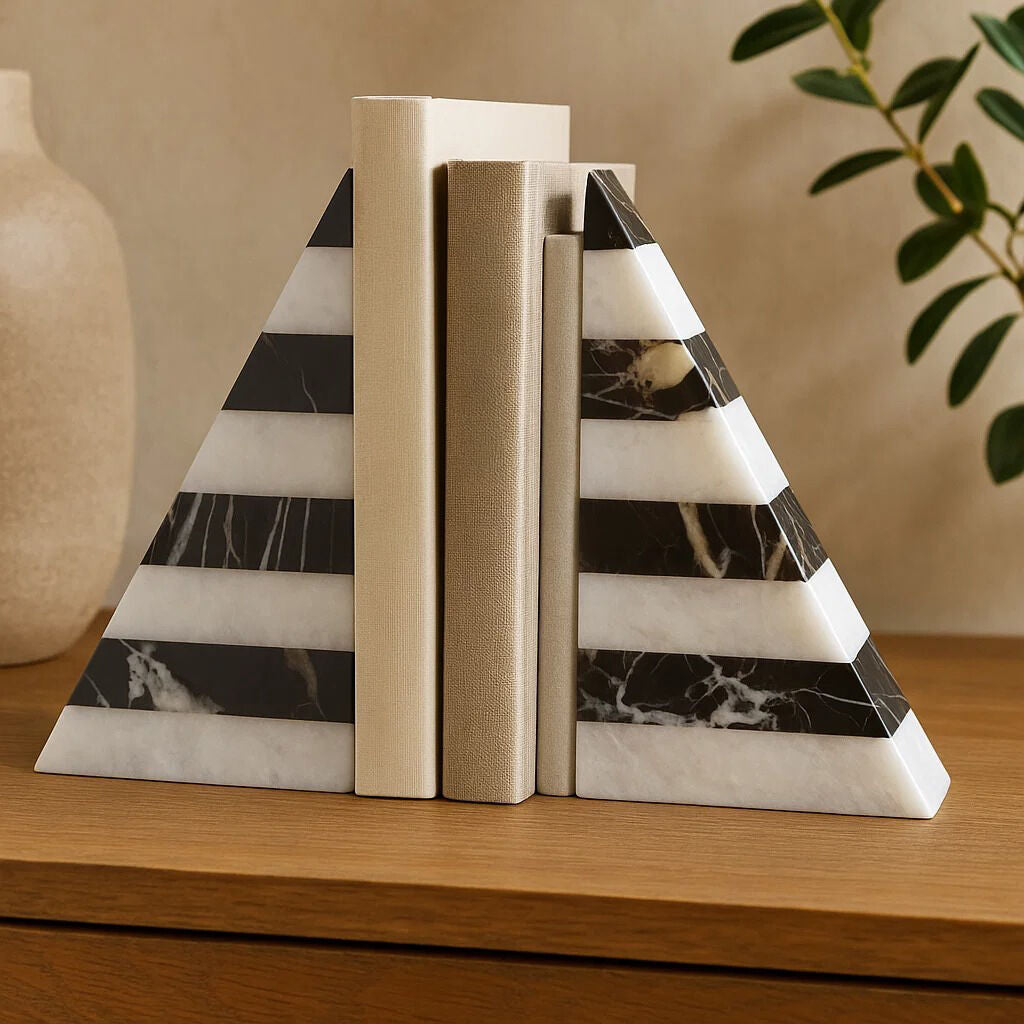 Set of Two Black and White Striped Marble Bookends | Soma