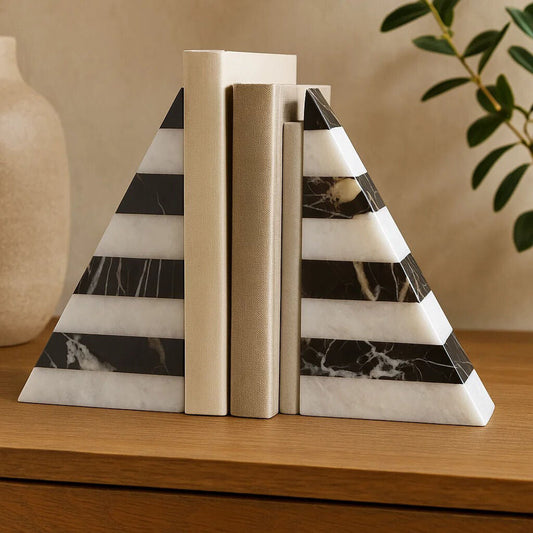 Set of Two Black and White Striped Marble Bookends | Soma