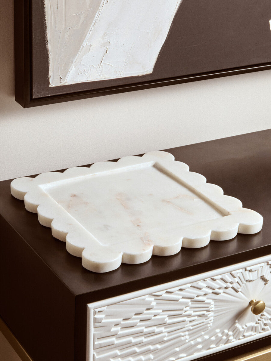 White Marble Square Large Tray with Scallop Edges | Savio