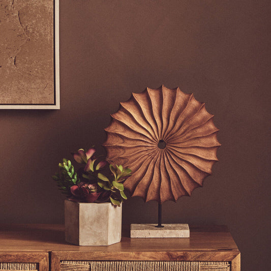 Natural Wood Round Sculpture with Travertine Base | Westo