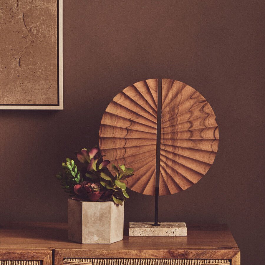 Natural Wood Sculpture with Travertine Base | Westo