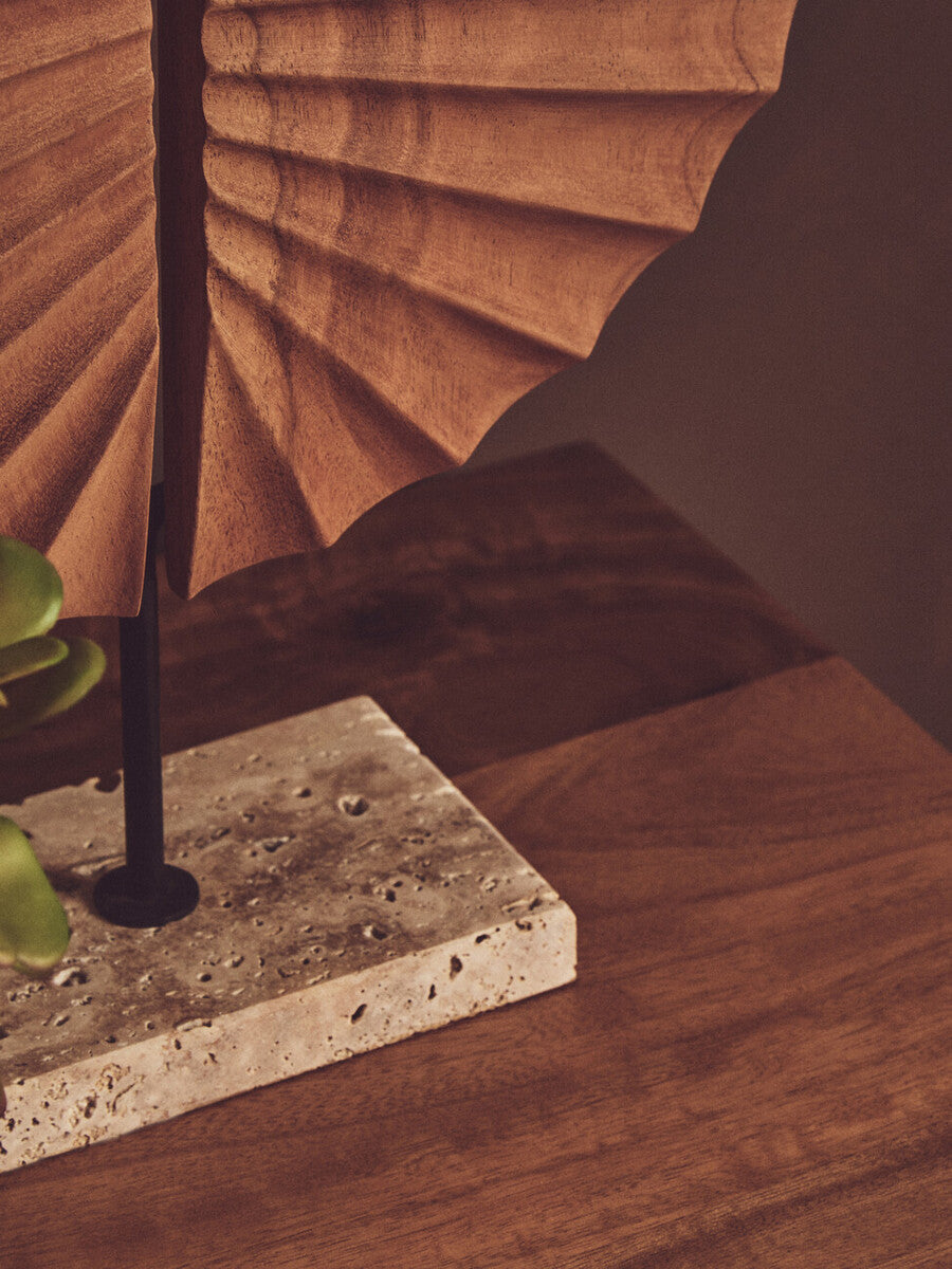 Natural Wood Sculpture with Travertine Base | Westo