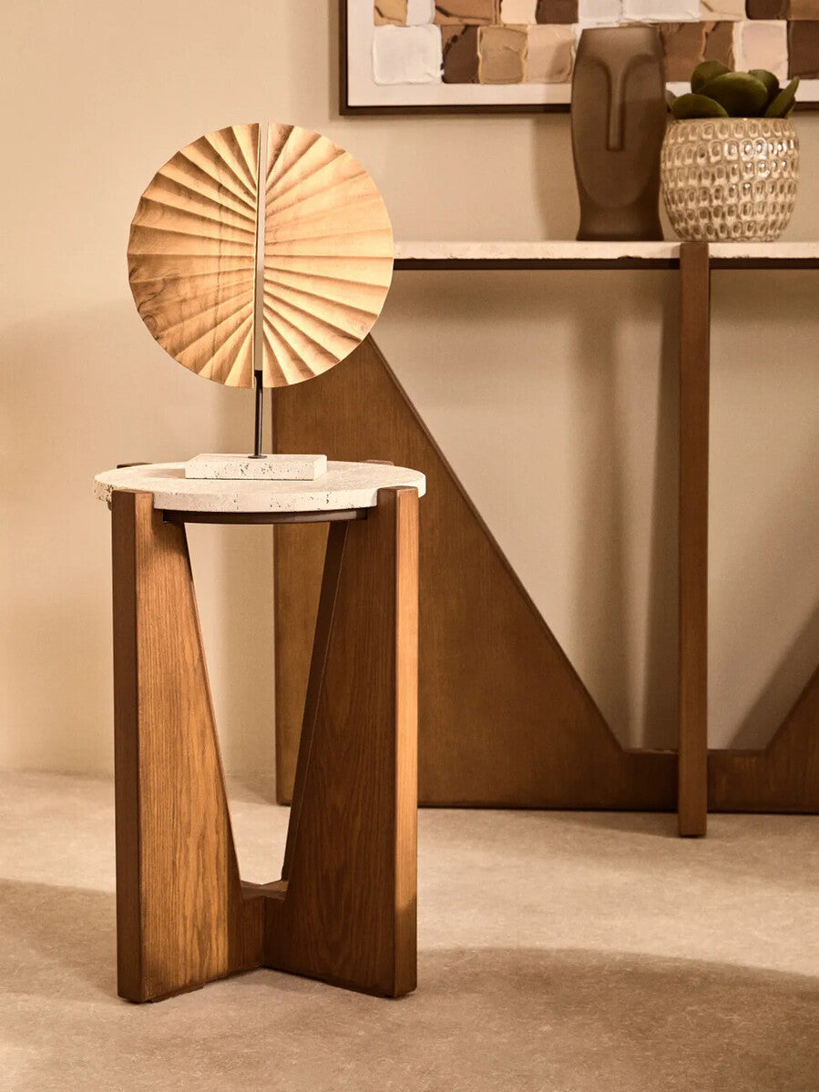 Natural Wood Sculpture with Travertine Base | Westo