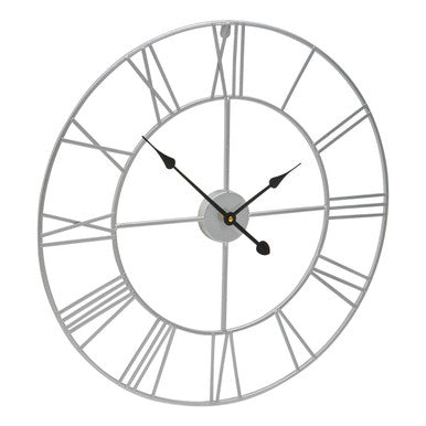 60cm Dia Silver Metal Roman Numeral Wall Clock | Genova