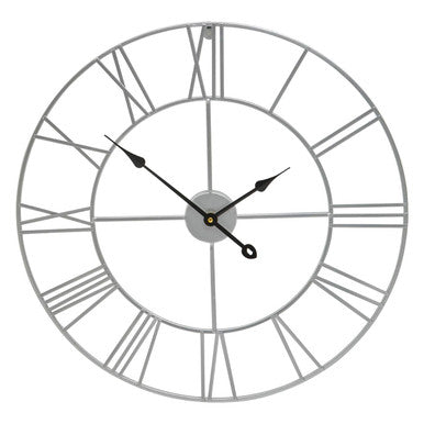 60cm Dia Silver Metal Roman Numeral Wall Clock | Genova