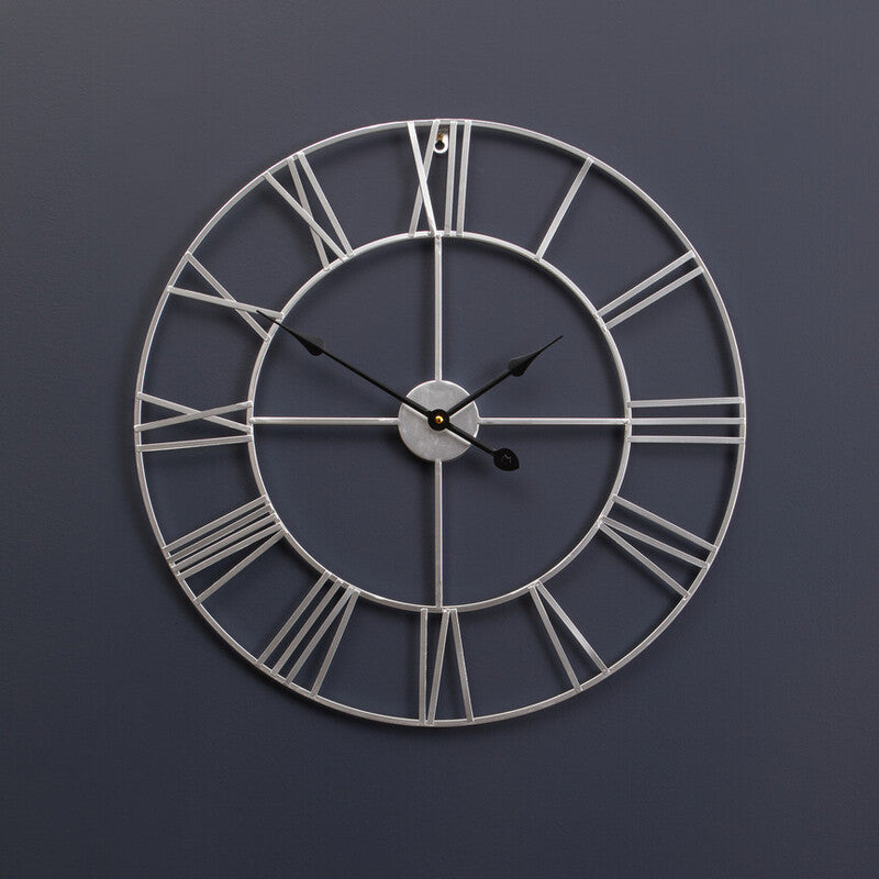 60cm Dia Silver Metal Roman Numeral Wall Clock | Genova