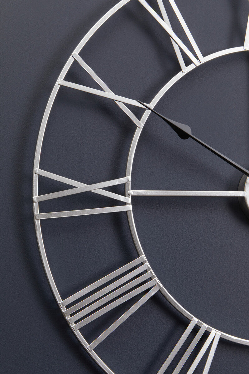 60cm Dia Silver Metal Roman Numeral Wall Clock | Genova