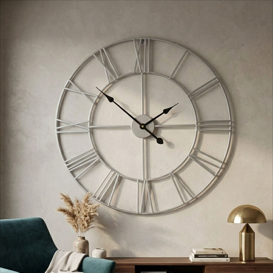 60cm Dia Silver Metal Roman Numeral Wall Clock | Genova