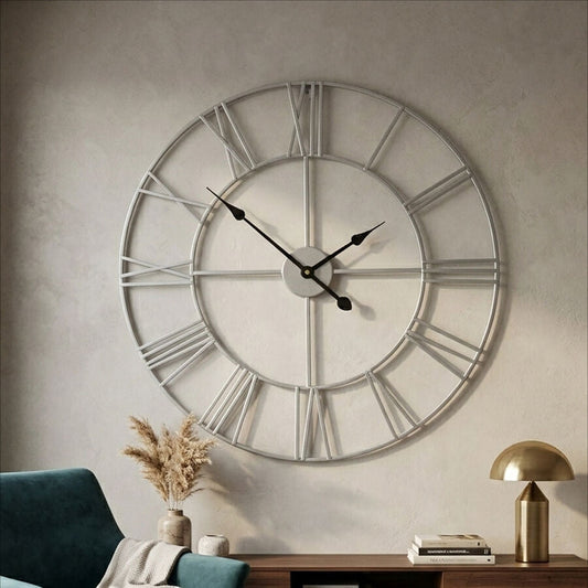 60cm Dia Silver Metal Roman Numeral Wall Clock | Genova