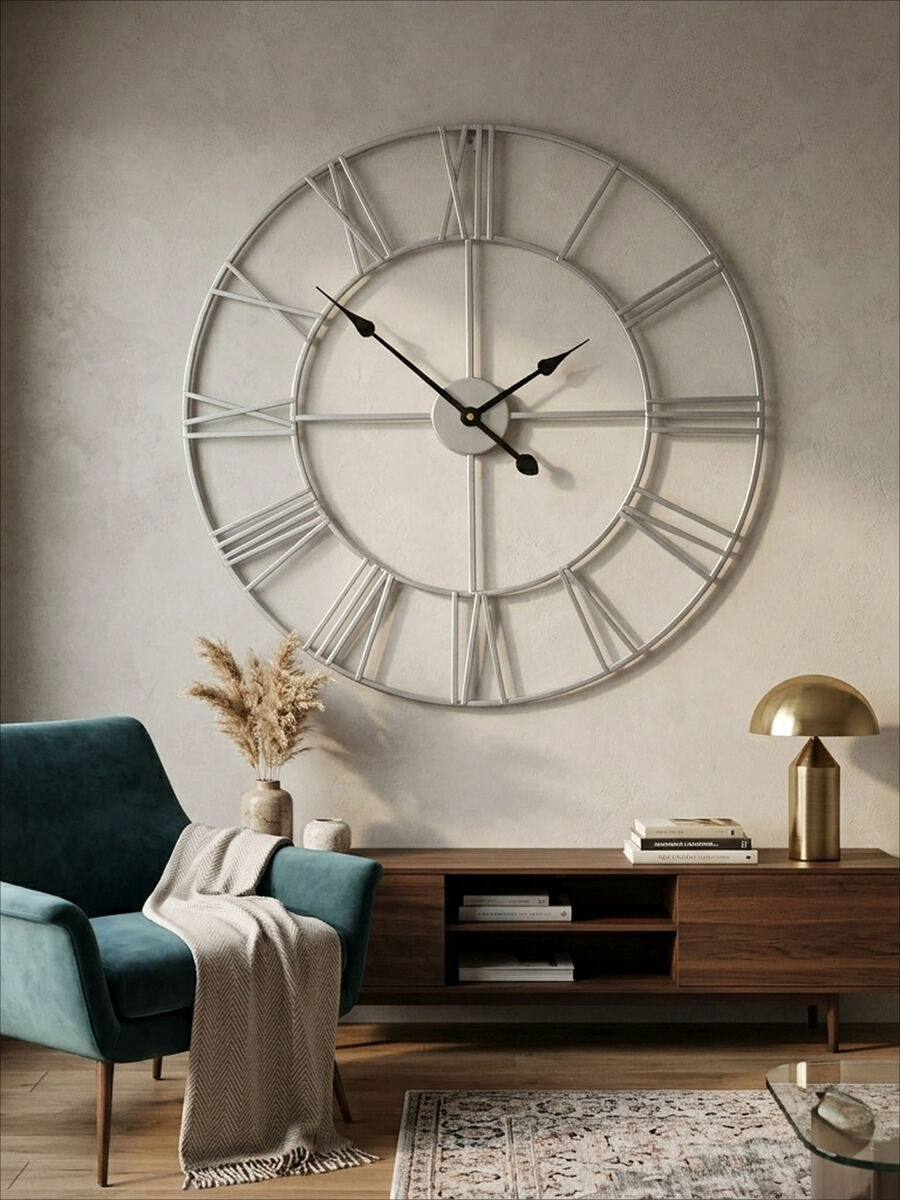 60cm Dia Silver Metal Roman Numeral Wall Clock | Genova