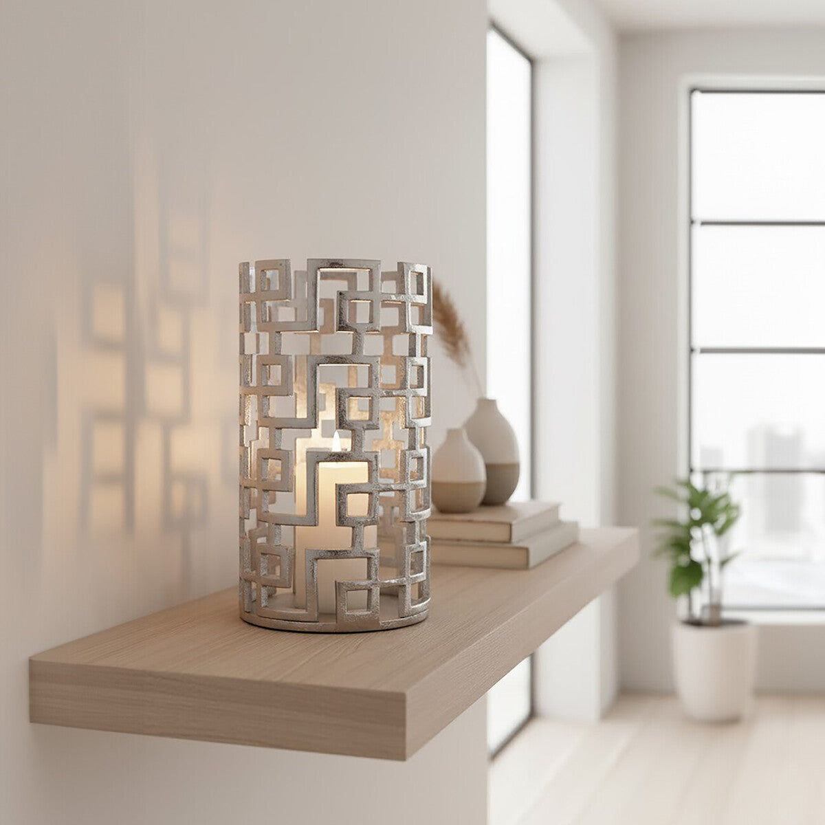 Large Candle Holder in Silver Finish | Delphi