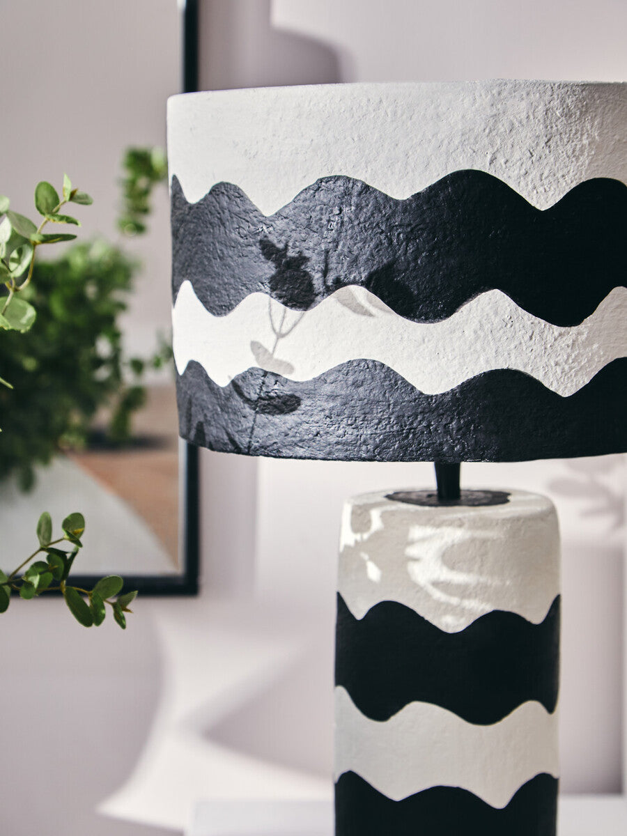 Black and White Curved Stripe Papier Mache Table Lamp | Carta