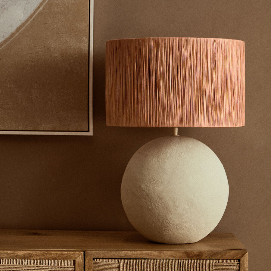 Natural Papier Mache Table Lamp with Rust Raffia Shade | Carta
