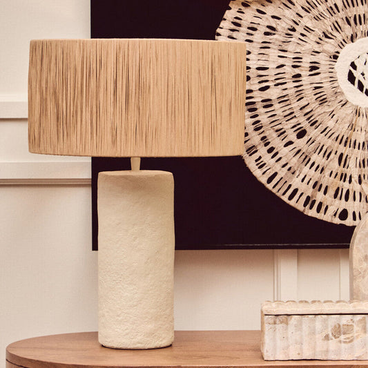 Natural Papier Mache Table Lamp with Natural Raffia Shade | Carta