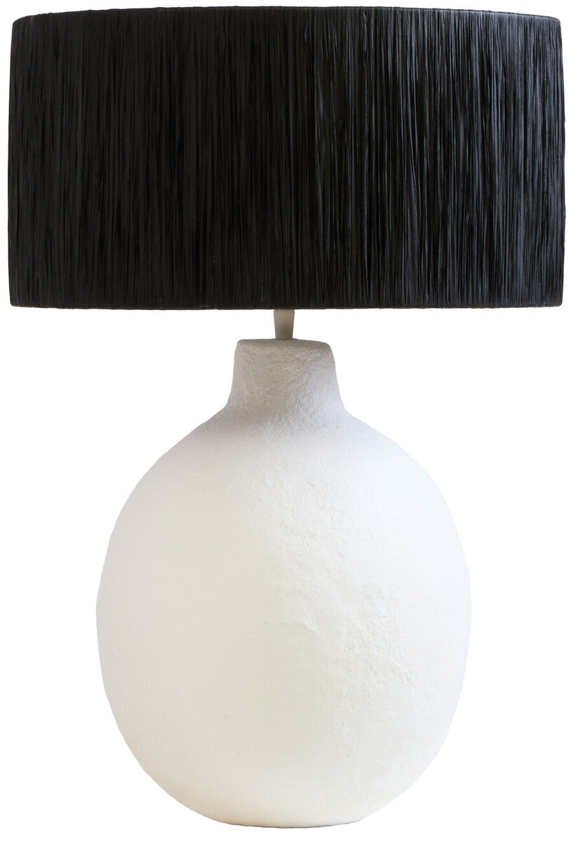 White Papier Mache Table Lamp with Black Raffia Shade | Carta
