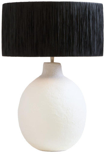 White Papier Mache Table Lamp with Black Raffia Shade | Carta