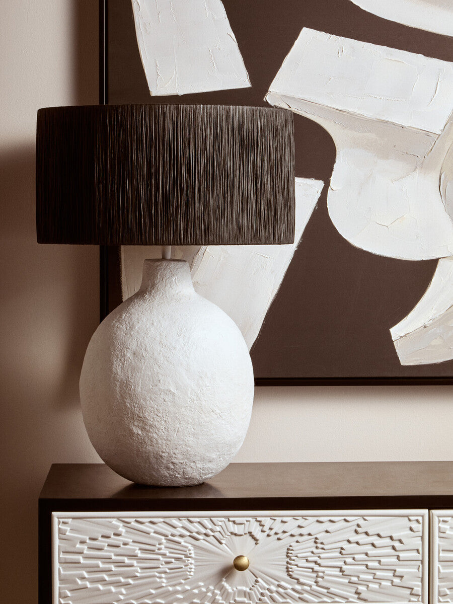 White Papier Mache Table Lamp with Black Raffia Shade | Carta