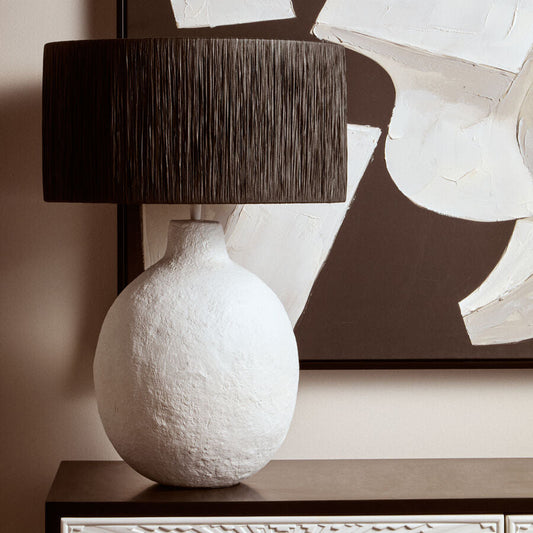 White Papier Mache Table Lamp with Black Raffia Shade | Carta