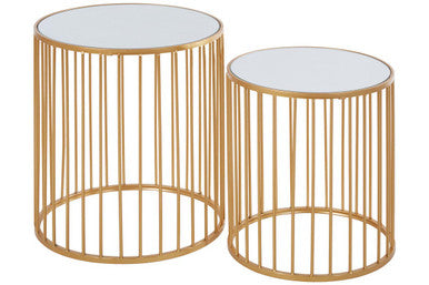 Avantis Gold Finish Set of 2 Round Side Tables with Vertical Bar Design