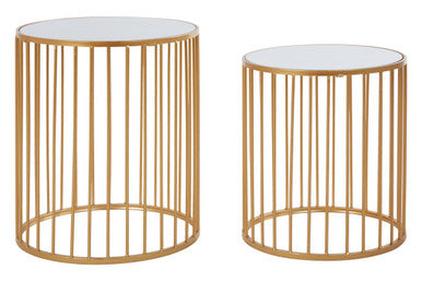 Avantis Gold Finish Set of 2 Round Side Tables with Vertical Bar Design